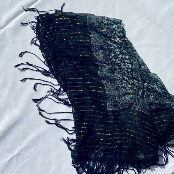Black and Silver with Gold Metallic Pinstripe Scarf with Fringe - Picture 2 of 7